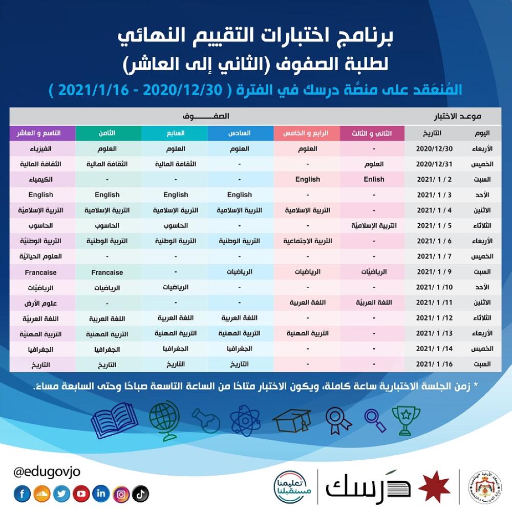 التربية تعلن برنامج اختبارات التقييم النهائي لطلبة المدارس